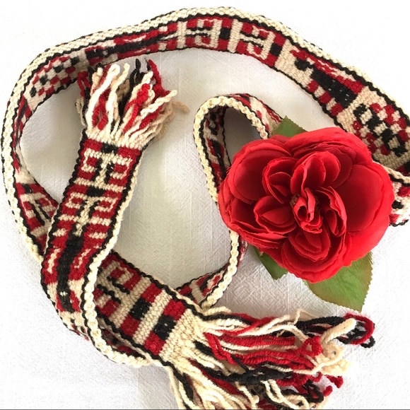 Vintage Wool Belt Handwoven Red & Black Tie Belt - Picture 3 of 8